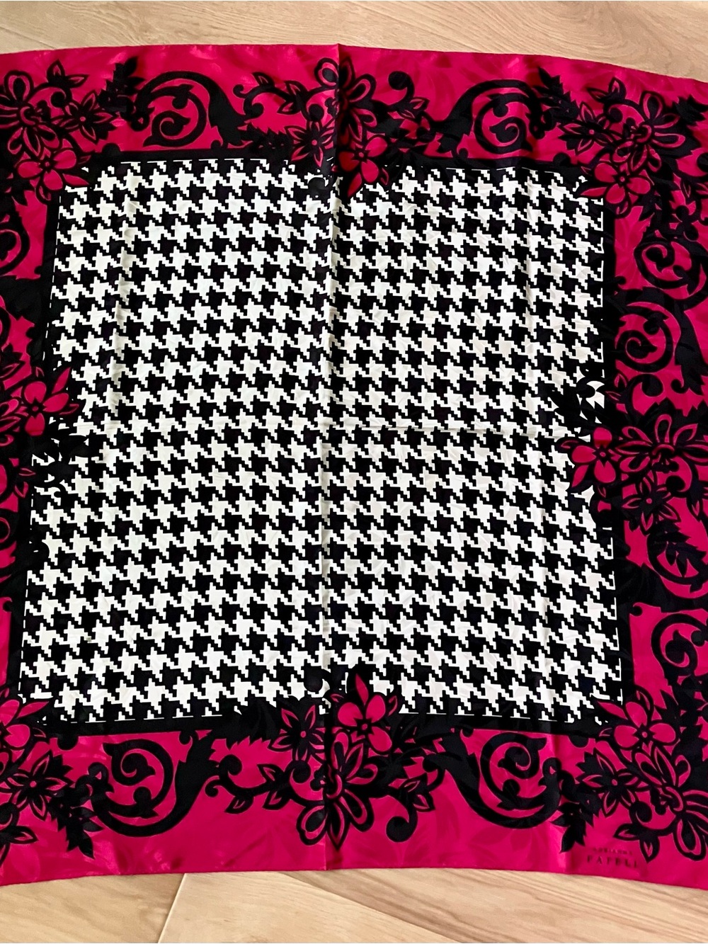 Vintage 100% Silk Adrienne Papell Scarf Black & Fuchsia Floral Houndstooth Scarf